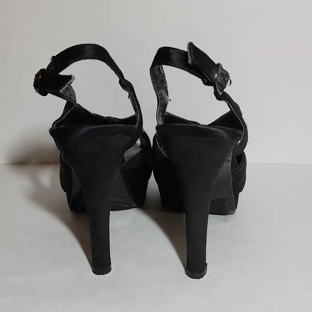 Nine West Women's Black Snakeskin Suede Slingback Peep Toe Cut-Out Heels Size 5